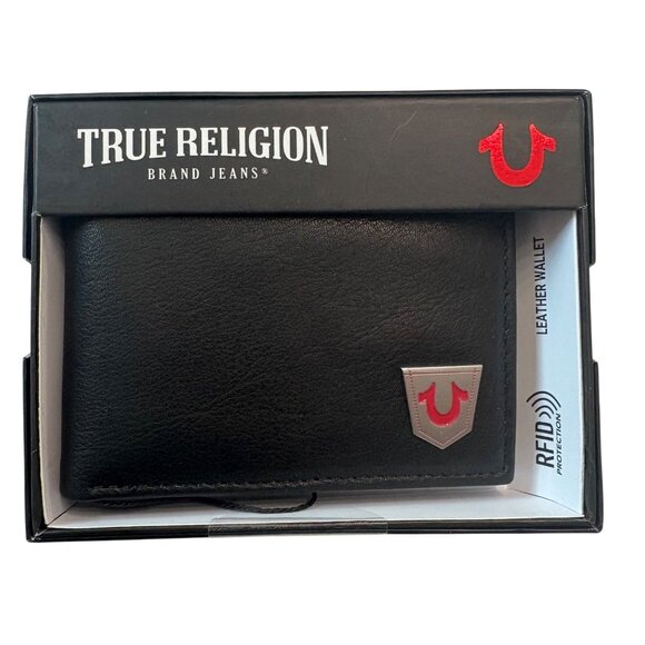 True Religion Other - True Religion RFID Black Leather Wallet With Red Logo Badge